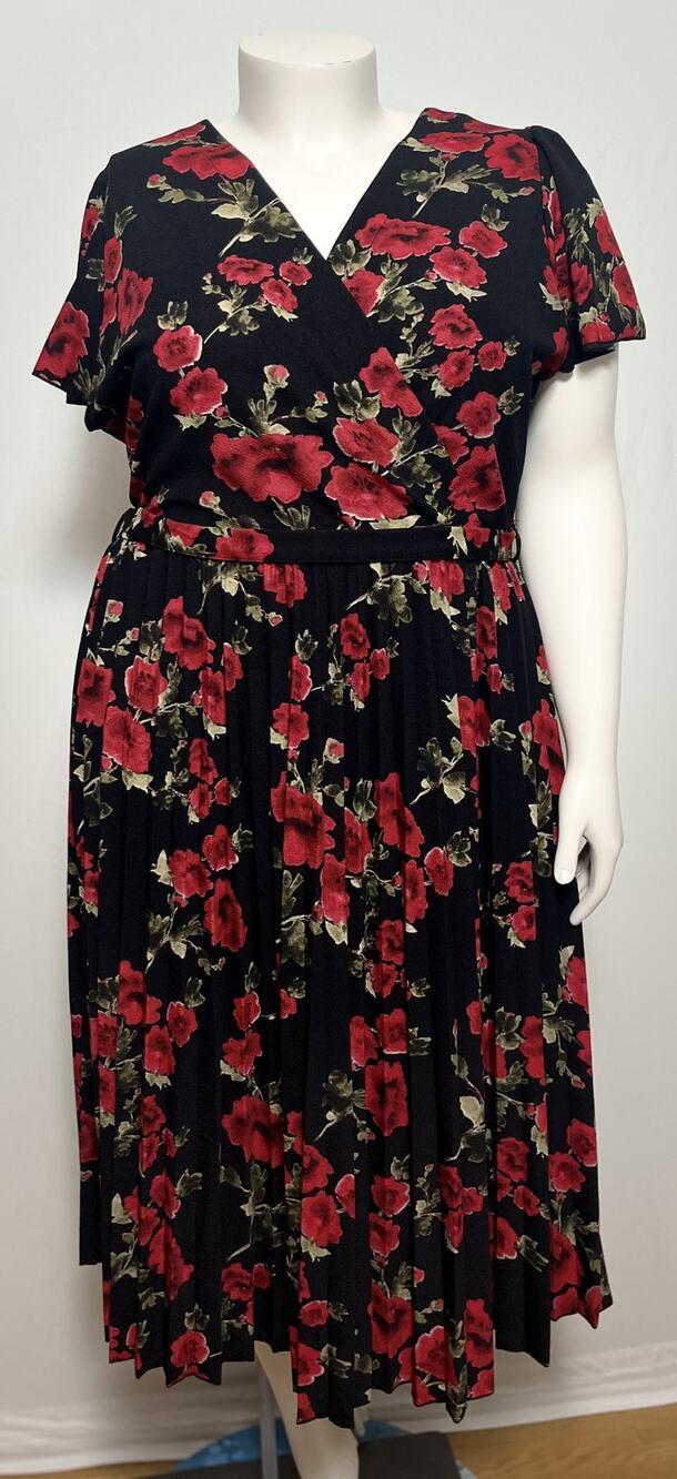 Lark & Grey Red Rose Floral Pleated Faux Wrap Midi Dress Plus Size 3XL EUC